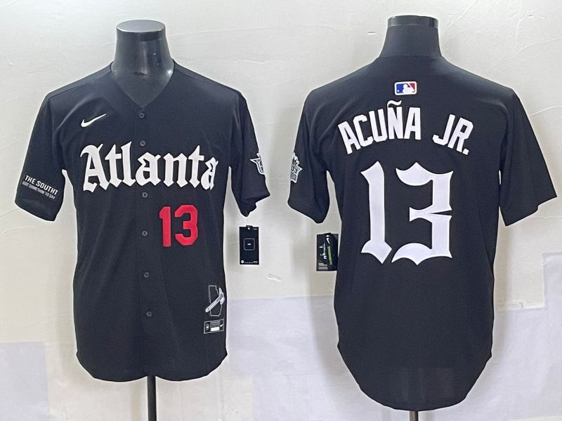Men 2025 Atlanta Braves #13 Acuna jr Black Five generations Joint Name Nike MLB Jersey style 3